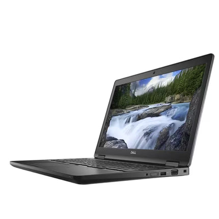 Right-side profile view of an open black Dell Latitude laptop, highlighting the side connectivity options including a VGA port, a USB port, an audio jack, and a Noble wedge lock slot.