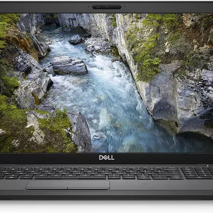 A black Dell laptop shown open against a white background, with a scenic river canyon wallpaper displayed on its screen.