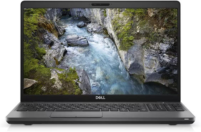 A black Dell laptop shown open against a white background, with a scenic river canyon wallpaper displayed on its screen.