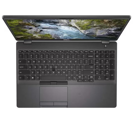 A dark gray ASUS laptop shown from a top-down perspective with the screen open, displaying a mountain stream landscape on the screen. The laptop features a full-sized keyboard, a touchpad, and the ASUS logo is visible on the screen bezel.