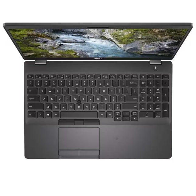 A dark gray ASUS laptop shown from a top-down perspective with the screen open, displaying a mountain stream landscape on the screen. The laptop features a full-sized keyboard, a touchpad, and the ASUS logo is visible on the screen bezel.