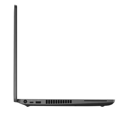 A dark gray laptop shown from a side profile view, open at a slight angle, on a solid white background.