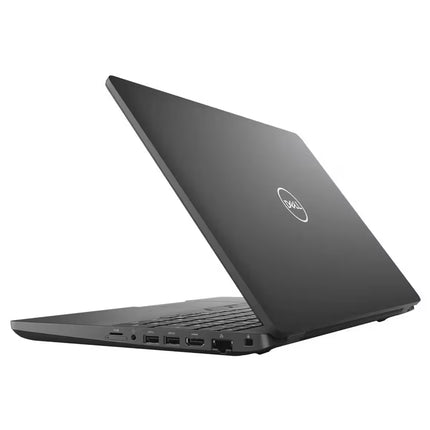 A black Dell laptop shown open at an angle, displaying its matte black lid with the white Dell logo and the keyboard base against a plain white background.