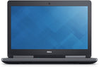 Black Dell laptop with blue screen on a white background