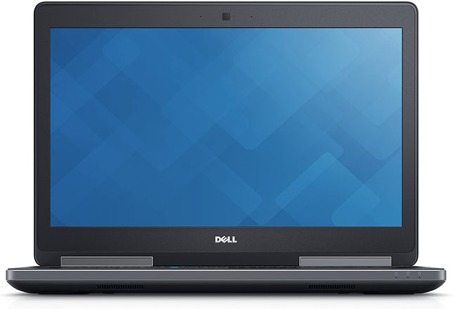 Black Dell laptop with blue screen on a white background