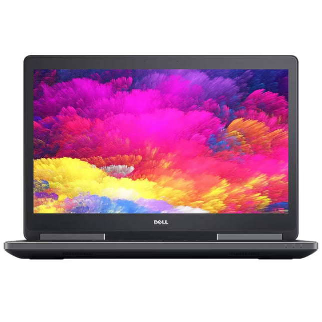Dell Precision 7520 laptop viewed from the front, showing the display with a colorful abstract wallpaper.
