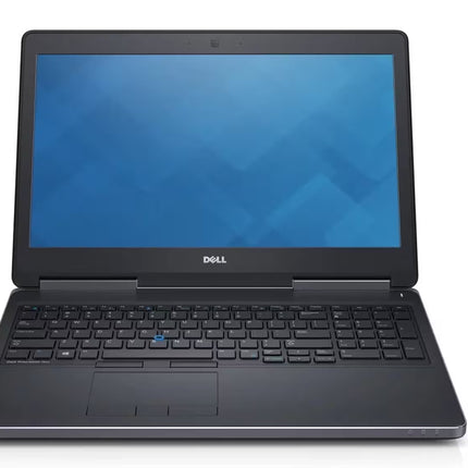 Front view of an open Dell Precision 7520 laptop with a blue geometric wallpaper on the screen, showing the keyboard and touchpad.