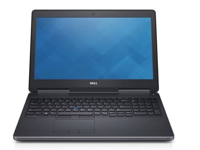 Front view of an open Dell Precision 7520 laptop with a blue geometric wallpaper on the screen, showing the keyboard and touchpad.