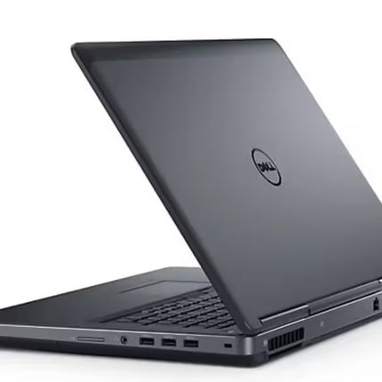 Rear three-quarter view of a Dell Precision 7520 laptop, showing the dark gray outer lid with the circular Dell logo and the side ports and vents.
