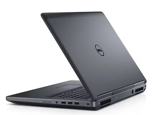 Rear three-quarter view of a Dell Precision 7520 laptop, showing the dark gray outer lid with the circular Dell logo and the side ports and vents.