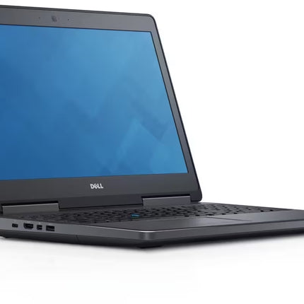 Angular side-front view of an open Dell Precision 7520 laptop, showcasing its thick chassis, side connectivity ports, and profile.