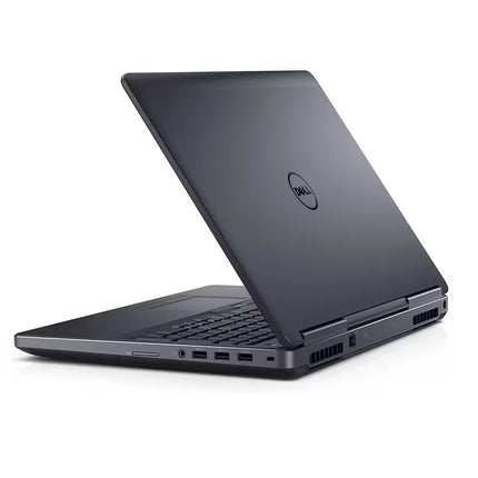 A dark gray Dell laptop shown open at an angle, displaying its back cover, keyboard, and ports against a clean white background.