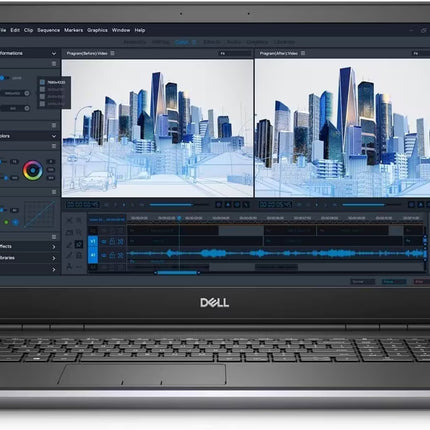 Dell laptop displaying a video editing software interface with a cityscape background.
