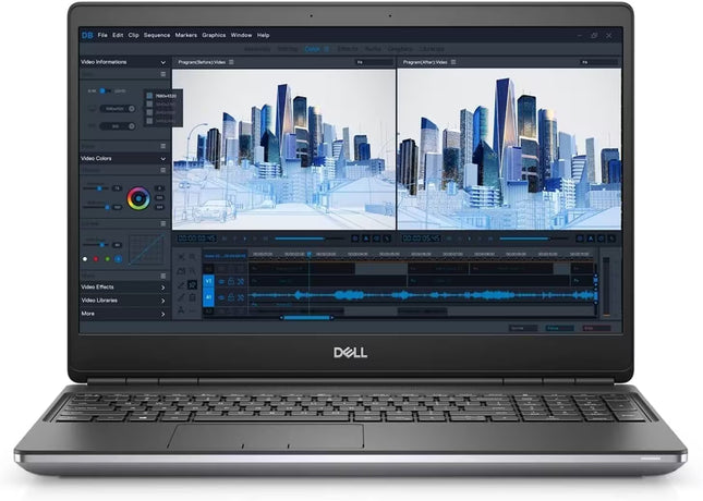 Dell laptop displaying a video editing software interface with a cityscape background.