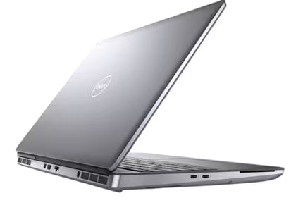 A silver Dell laptop shown open at an angle against a plain white background, with the Dell logo visible on the back of the lid.