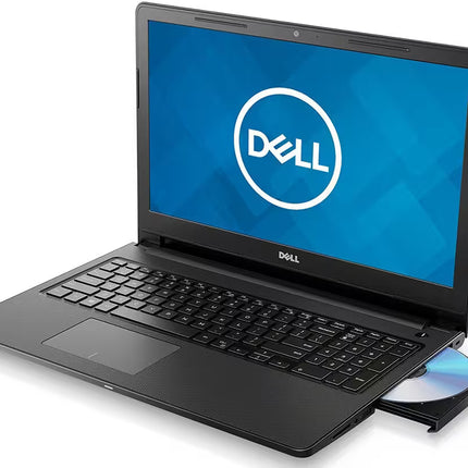 Dell laptop with open DVD drive on a white background