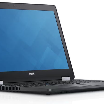 Black Dell laptop with blue screen on a white background