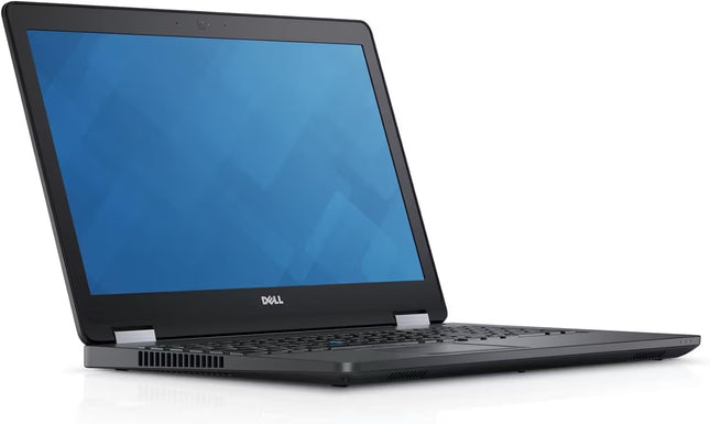Black Dell laptop with blue screen on a white background