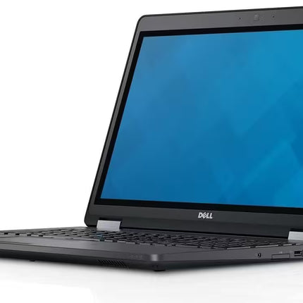 Black Dell laptop with blue screen on a white background