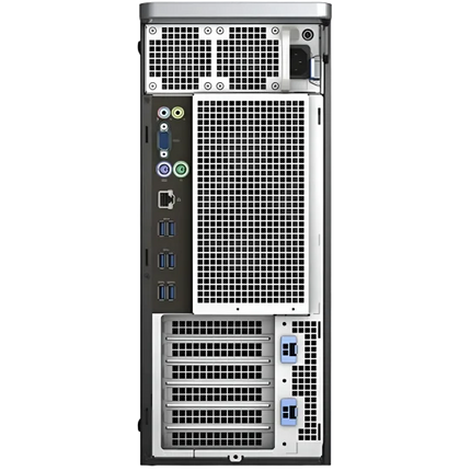Back view of a computer tower with various ports and connectors on a white background