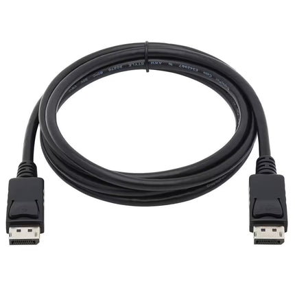 DisplayPort to DisplayPort Cable – Black DisplayPort male-to-male cable with gold-plated connectors, coiled neatly for storage. Designed to connect PCs, laptops, graphics cards, and monitors for high-resolution video and audio transmission. Isolated on a white background.