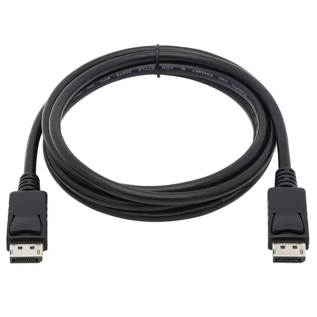 DisplayPort to DisplayPort Cable – Black DisplayPort male-to-male cable with gold-plated connectors, coiled neatly for storage. Designed to connect PCs, laptops, graphics cards, and monitors for high-resolution video and audio transmission. Isolated on a white background.