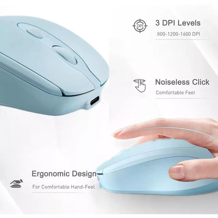 Light blue computer mouse with ergonomic design, DPI levels, and noiseless click features on a white background.
