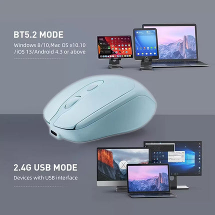 Blue wireless mouse with compatibility text on a gray background