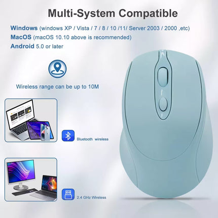 Blue wireless mouse with compatibility information on a white background