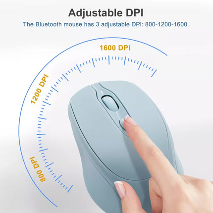 Blue wireless mouse with adjustable DPI scale and hand holding it on a white background