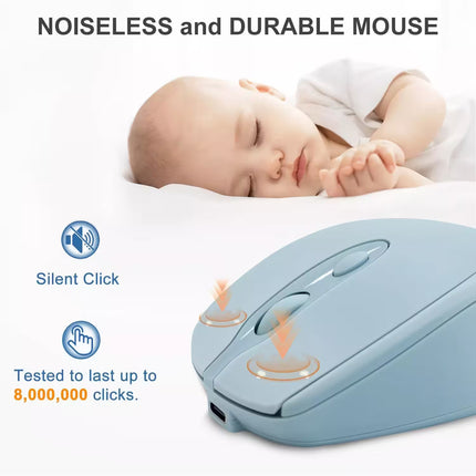 Blue computer mouse with text about noiselessness and durability, next to a sleeping baby.