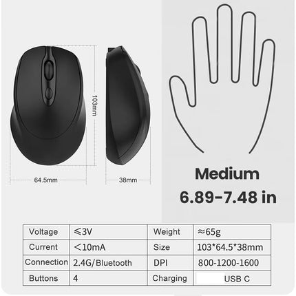 Black computer mouse with measurements, hand size reference, and technical specifications on a gray background