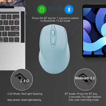 Blue wireless mouse with technical specifications on a dark background