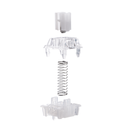 Clear plastic components with a spring on a white background