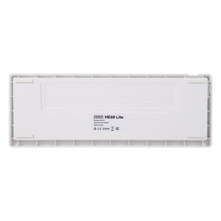 White electronic device with 'HE68 Lite' branding on a black background