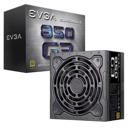 EVGA Supernova 850 W power supply shown with its retail box on a plain white background. The PSU is dark gray/black with a large circular cooling fan, and the box features metallic gray artwork with blue and white '850' text.