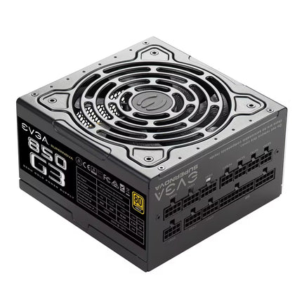 An EVGA SuperNova 850 W power supply unit, model G3, shown at a three-quarter angle on a plain white background.