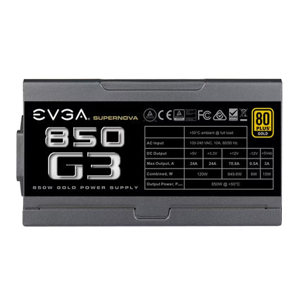 EVGA Supernova 850 G3 850W gold power supply module, featuring a black front panel with silver and white text, a yellow 80 Plus Gold badge, and a dark gray chassis.