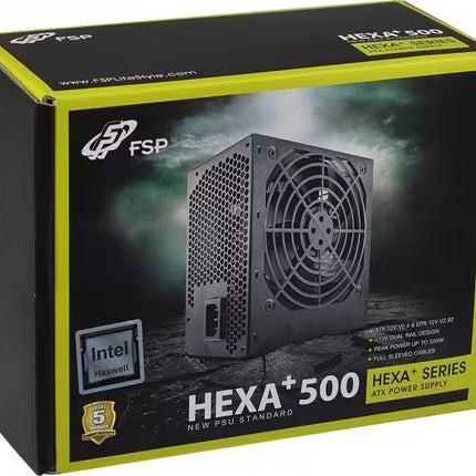 FSP Hexa+ 500 ATX power supply retail box, featuring a black and lime green design with an image of the black PSU on the front.