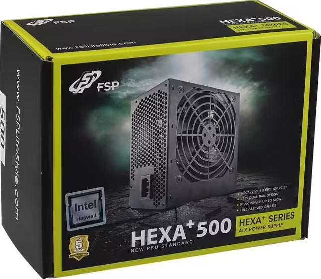 FSP Hexa+ 500 ATX power supply retail box, featuring a black and lime green design with an image of the black PSU on the front.