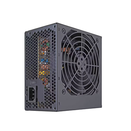 A dark gray computer power supply unit shown at a three-quarter angle, featuring a large front fan, a honeycomb vented side panel, and an IEC power input connector on a plain white background.