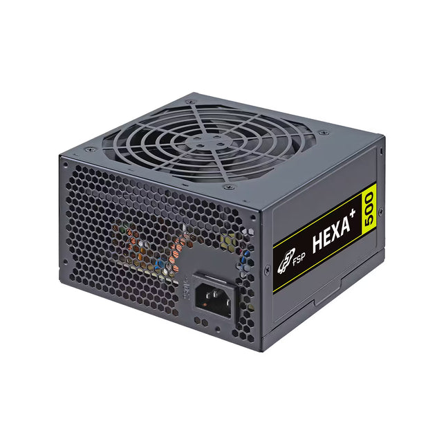 A TFP G100 HEXA+ 650W power supply unit shown from a three-quarters angle on a solid white background. The PSU features a dark gray metal casing with a honeycomb-patterned front vent, a black cooling fan, and a yellow and black 'TFP HEXA+ G100' label on the side.
