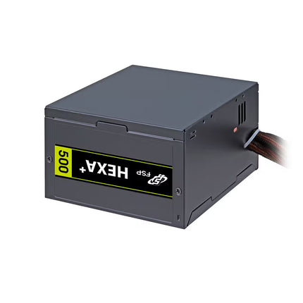 A dark gray HPHA+ 500W power supply unit with a black and yellow front label, shown at a three-quarter angle on a white background.