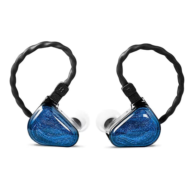Blue earbud headphones with black accents on a white background