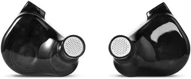 Black earbud headphones with white accents on a black background