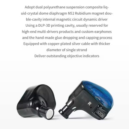 ZERO Dual Dynamic Drivers In-Ear Earphone with technical text on a white background