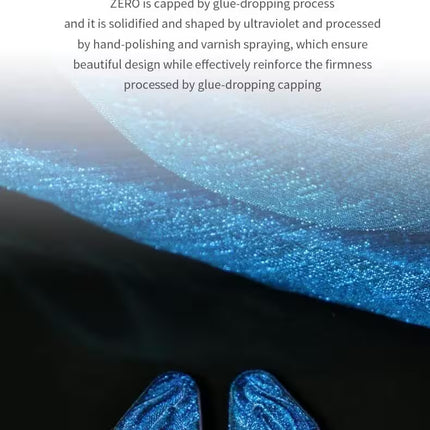 Blue glittery earrings on a dark background with text about glue-dropping molding capping process.