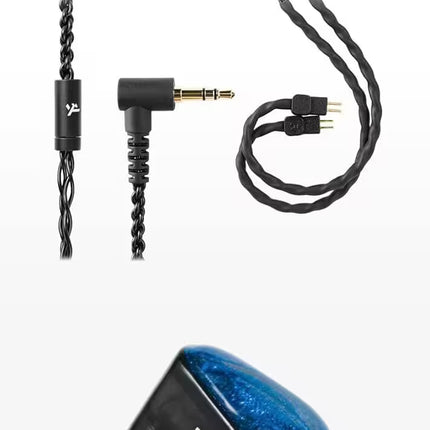 In-ear monitor with high-quality cable and text about cable flexibility and expansion.
