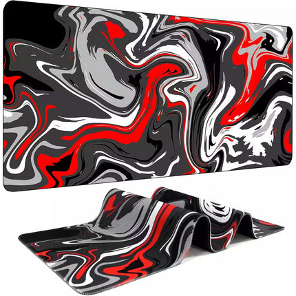 A large rectangular gaming mouse pad with an abstract marbled swirl pattern in black, white, gray, and red, shown flat on top with a smaller folded view below on a white background.