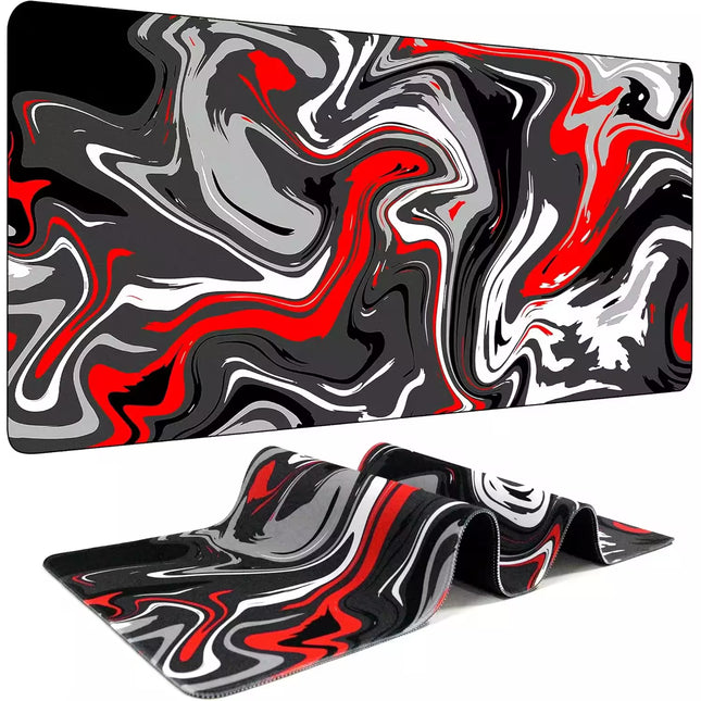 A large rectangular gaming mouse pad with an abstract marbled swirl pattern in black, white, gray, and red, shown flat on top with a smaller folded view below on a white background.